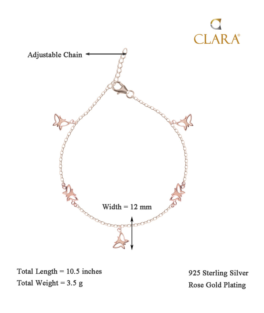 CLARA 925 Sterling Silver Butterfly Anklet Payal ( Single ) Adjustable Chain, Rose Gold Plated Gift for Women and Girls