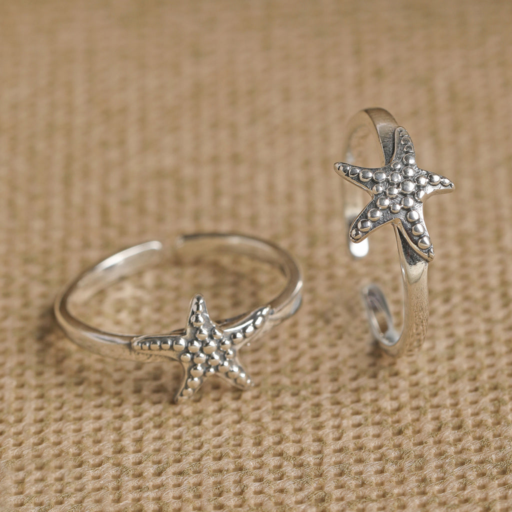 CLARA 925 Sterling Silver Star Fish Adjustable Toe Rings Pair 
