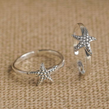 CLARA 925 Sterling Silver Star Fish Adjustable Toe Rings Pair 
