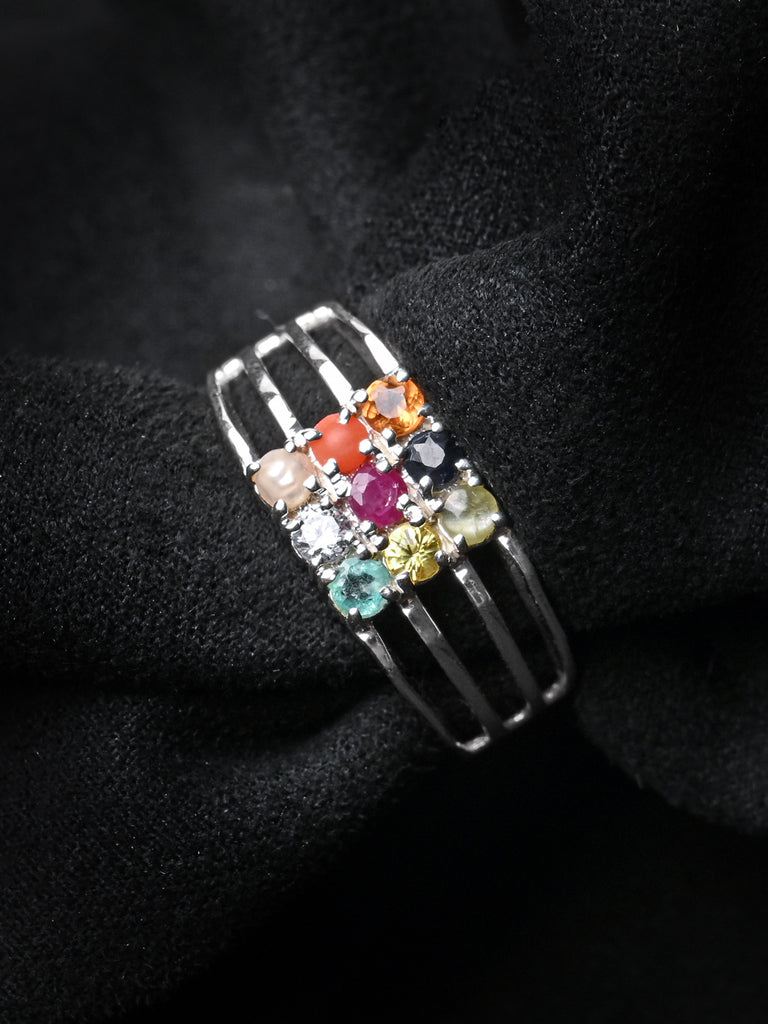 Silver Natural Certified Navratna Stone Nine Planets Ring for Men and Boys
