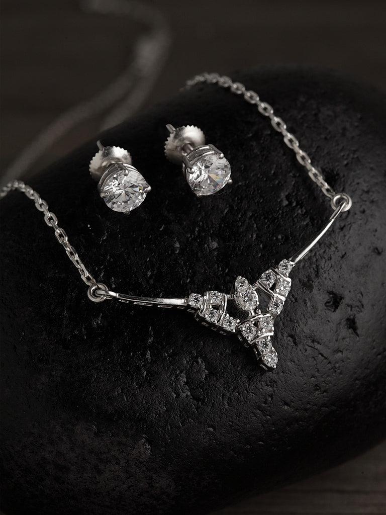 CLARA 925 Sterling Silver Rhodium Plated Alice Pendant Earring Necklace Set with Chain Gift for Women and Girls