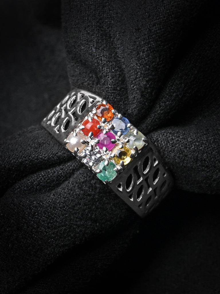Silver Natural Certified Navratna Stone Nine gems Ring for Men and Boys