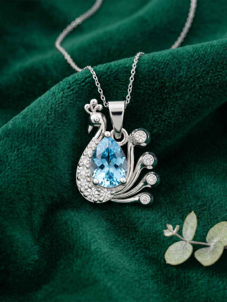 Silver Sky Blue Peacock Pendant with Chain