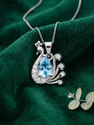 Silver Sky Blue Peacock Pendant with Chain