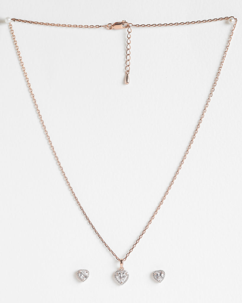 CLARA 925 Sterling Silver Heart Solitaire Pendant Earring Chain Jewellery Set 