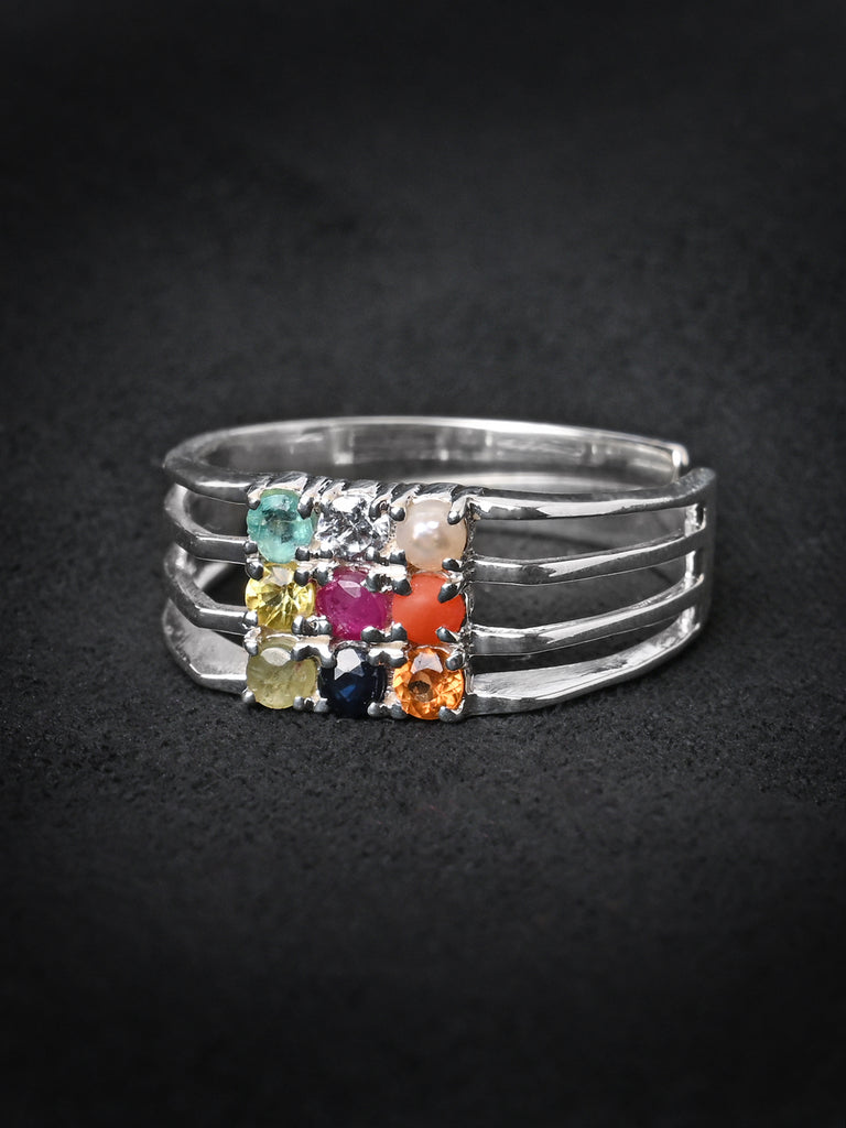 Clara 92.5 Sterling Silver Natural Certified Navratna Stone Nine Planets Adjustable Ring for Men and Boys