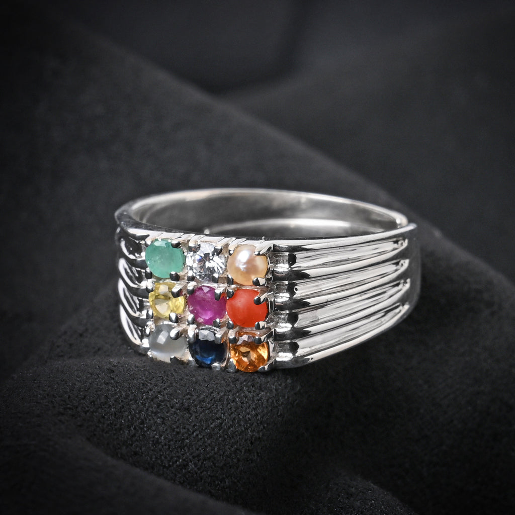 Clara 92.5 Sterling Silver Natural Certified Navratna Stone Nine gems Adjustable Ring for Men and Boys