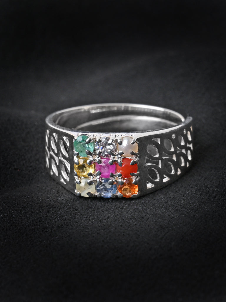 Clara 925 Sterling Silver Natural Certified Navratna Stone Nine gems Adjustable Ring for Men and Boys
