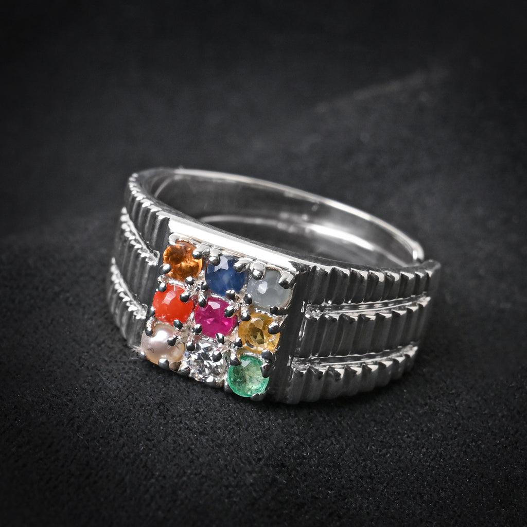 Clara 92.5 Sterling Silver Natural Certified Navaratna Stone Original 9 gems Adjustable Ring for Men and Boys