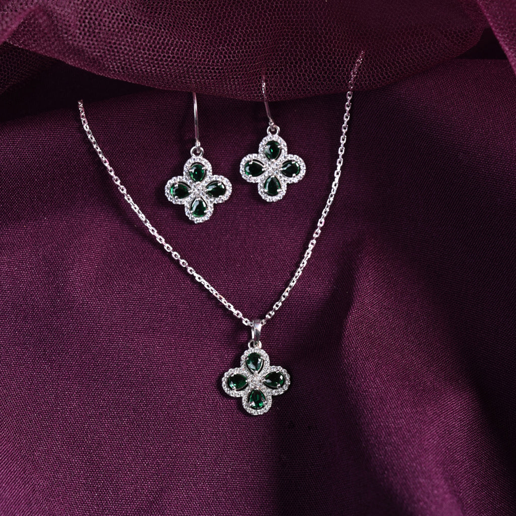 CLARA 925 Sterling Silver Green Flower Pendant Earring Chain Jewellery Set 