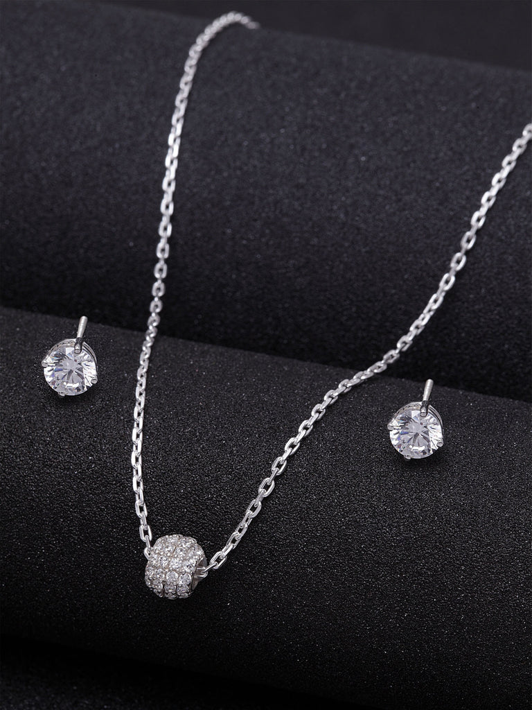 CLARA 925 Sterling Silver Rhodium Plated Ball Pendant Earring Necklace Set with Chain Gift for Women and Girls