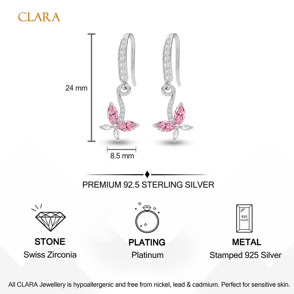 Silver Pink Butterfly Drop Earrings