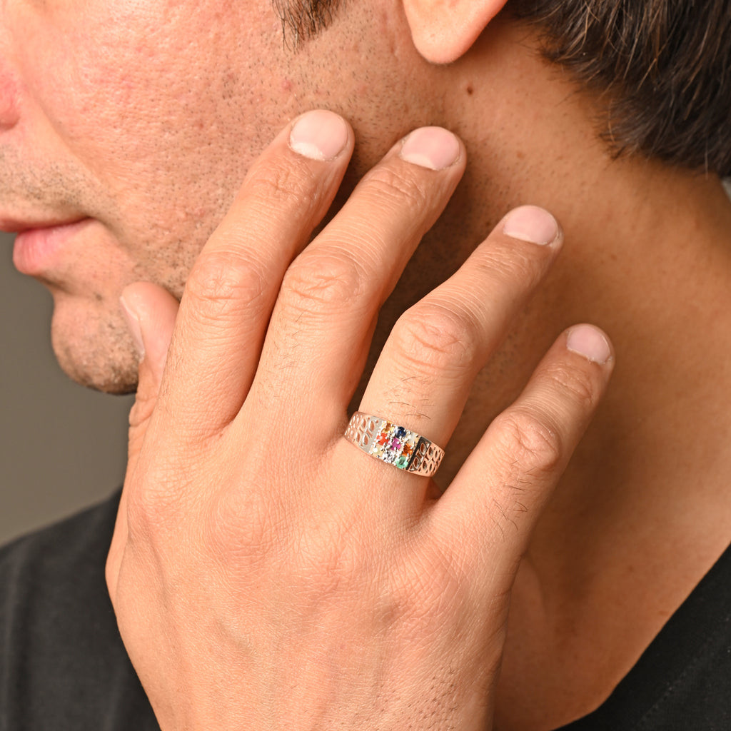 Silver Natural Certified Navratna Stone Nine gems Ring for Men and Boys