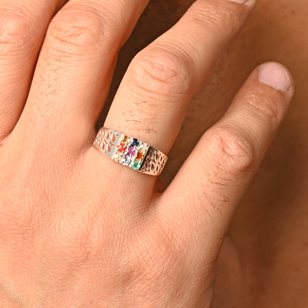 Silver Natural Certified Navratna Stone Nine gems Ring for Men and Boys