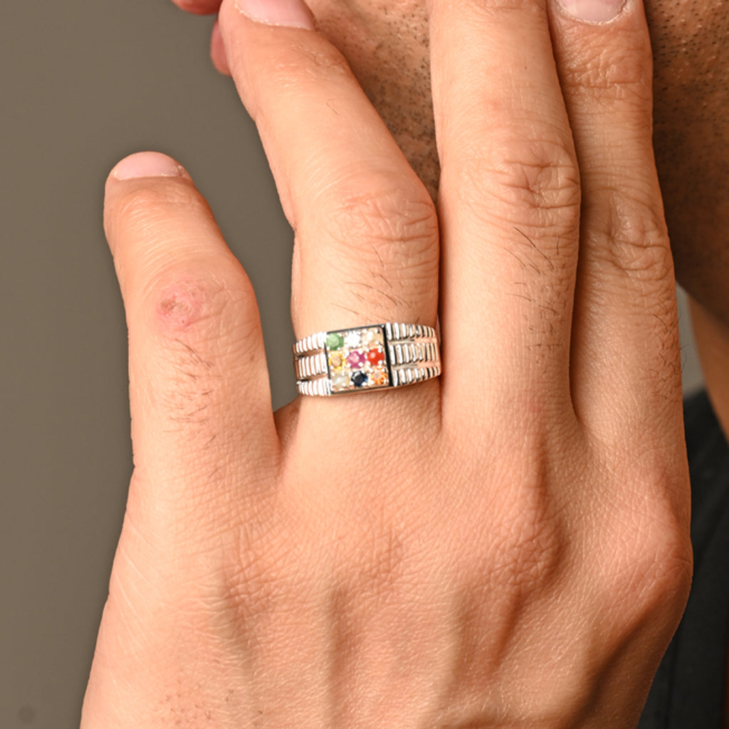 Silver Natural Certified Navaratna Stone Original 9 gems Ring for Men and Boys