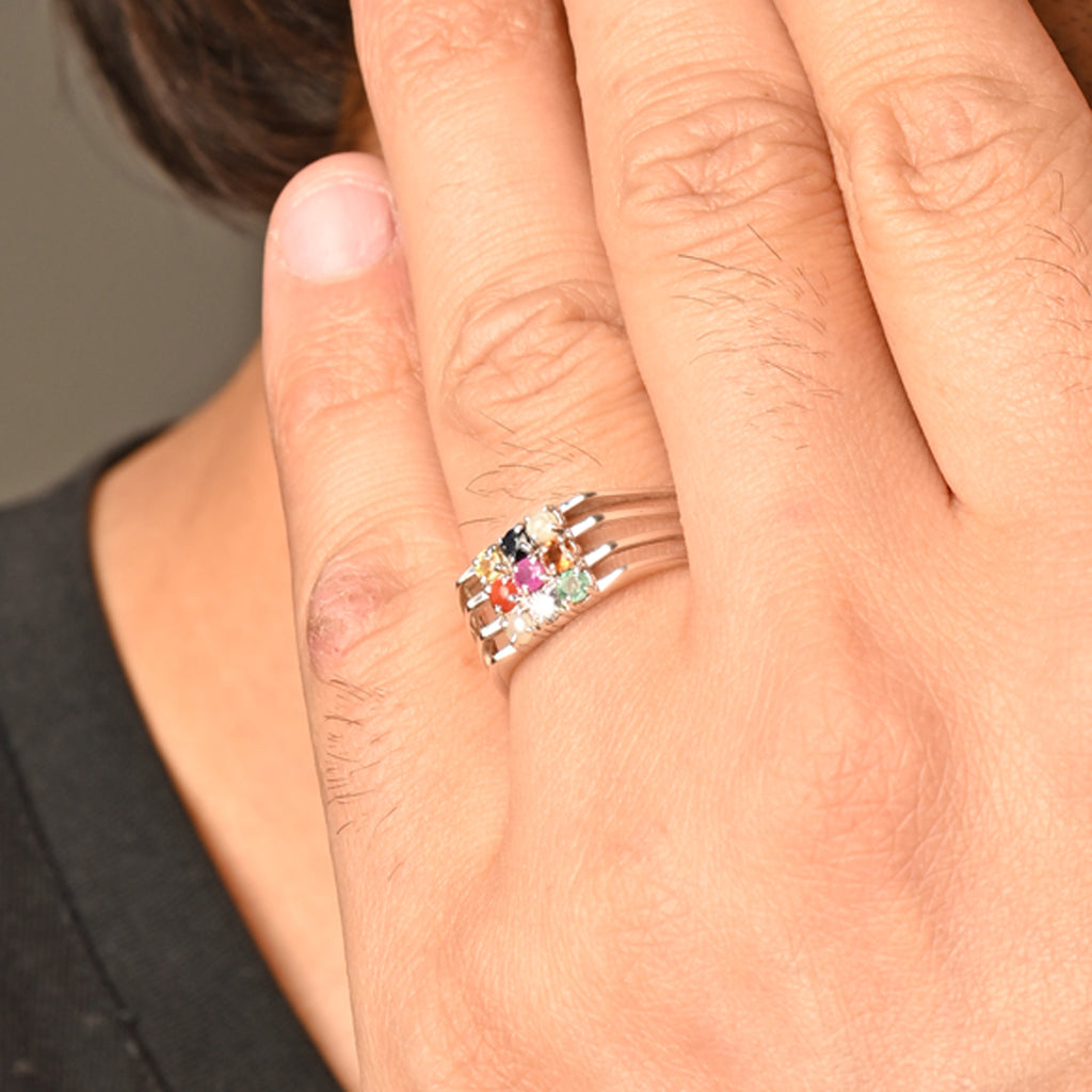 Silver Natural Certified Navratna Stone Nine Planets Ring for Men and Boys