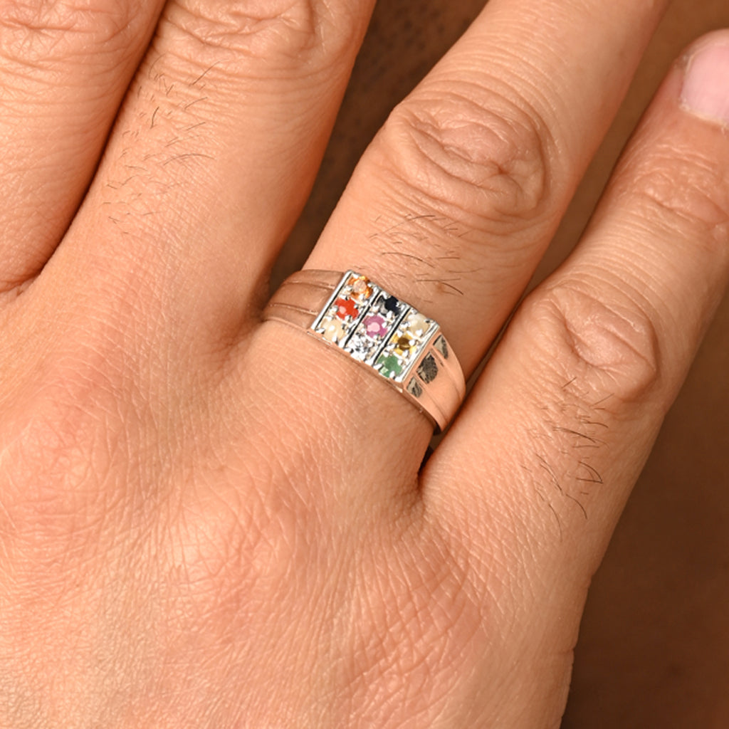 Silver Natural Certified Navaratna Stone Original 9 gems Ring for Men and Boys