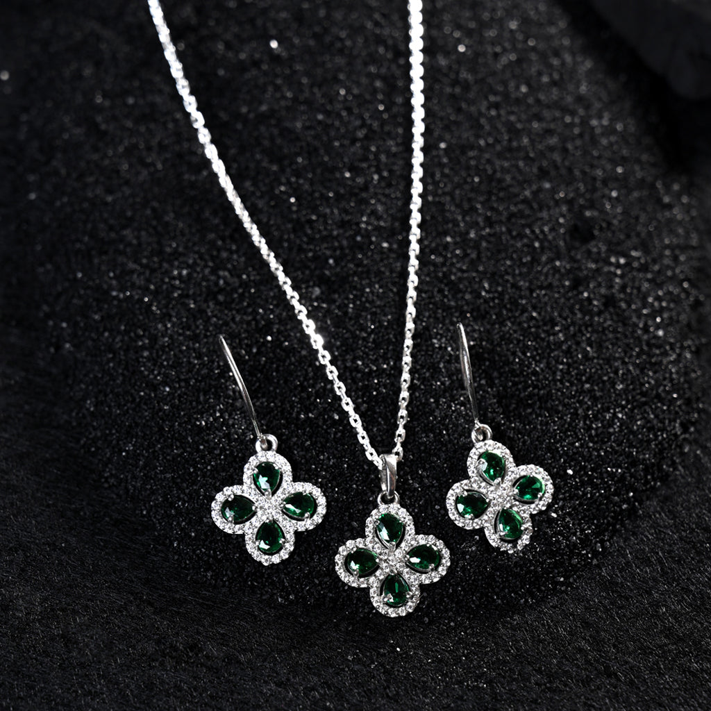CLARA 925 Sterling Silver Green Flower Pendant Earring Chain Jewellery Set 