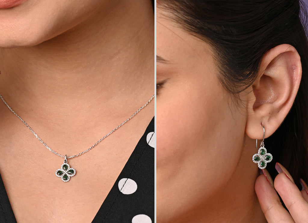 CLARA 925 Sterling Silver Green Flower Pendant Earring Chain Jewellery Set 