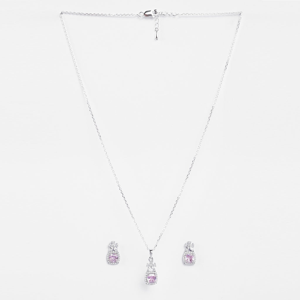 Silver Nera Pink Cushion Solitaire Jewellery Set