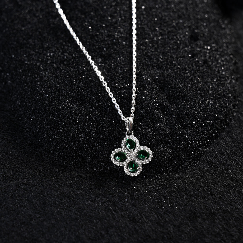 CLARA 925 Sterling Silver Green Flower Pendant Chain Necklace 