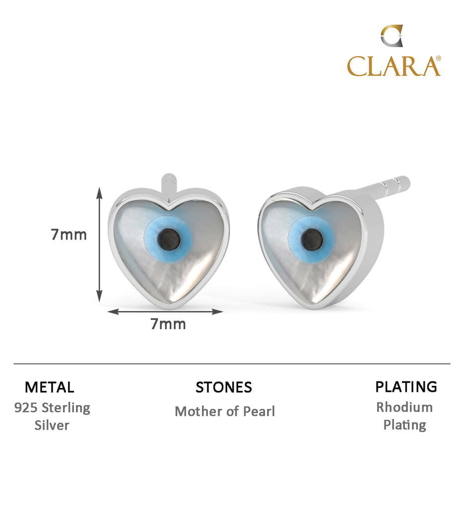 CLARA 925 Sterling Silver Heart Evil Eye Studs Earrings Gift for Kids Girls