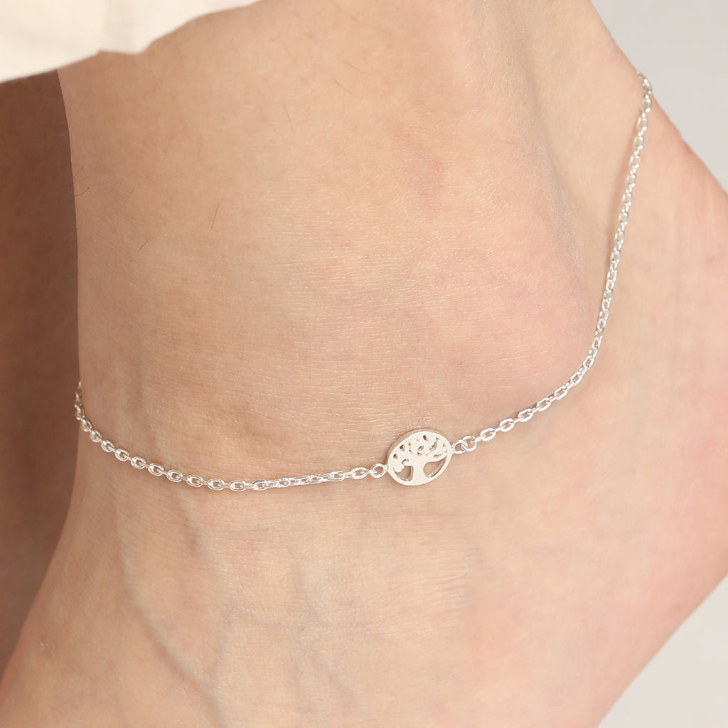 CLARA 925 Sterling Silver Tree of Life Anklet Payal ( Single ) Adjustable Chain Gift for Women and Girls