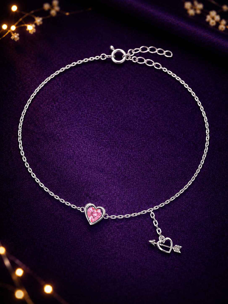 Silver Pink Heart Anklet Payal (Single)