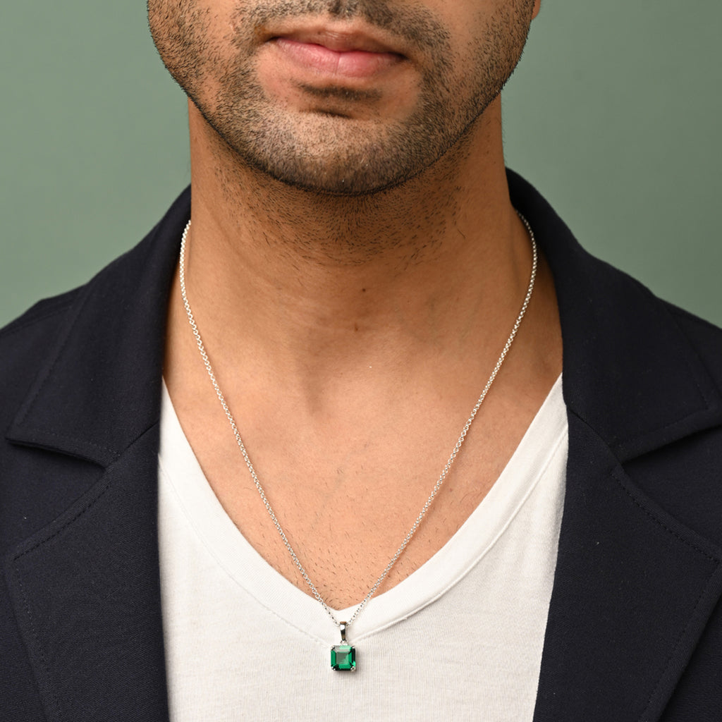 Silver Green Octagon Men Pendant Necklace with Chain or without Chain