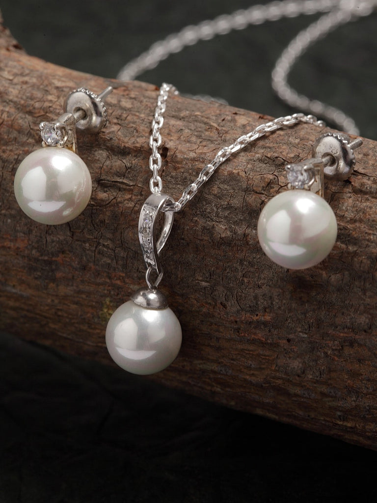 Clara 92.5 Sterling Silver Classic Pearl Pendant Earrings Set with Chain Jewellery Set Gift for Women and Girls