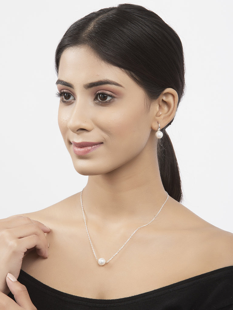 Clara 92.5 Sterling Silver Classic Pearl Pendant Earrings Set with Chain Jewellery Set Gift for Women and Girls