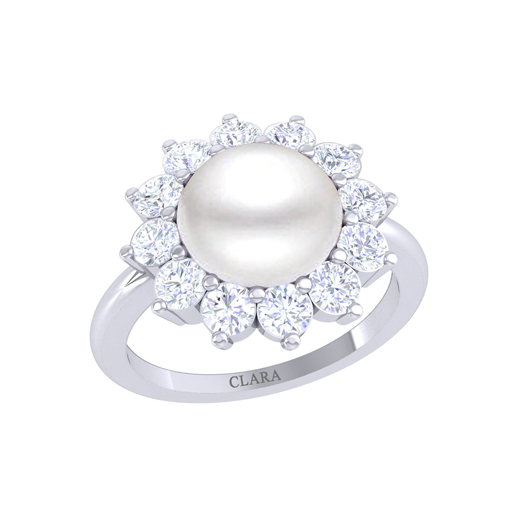 Silver Diamond Cut Zirconia Pearl Ring