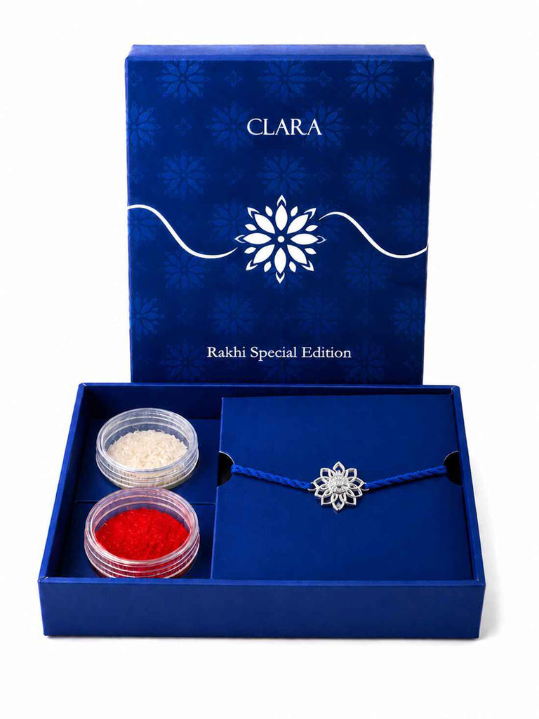 Silver Floral Rakhi with Roli Chawal for Bhai Brothers