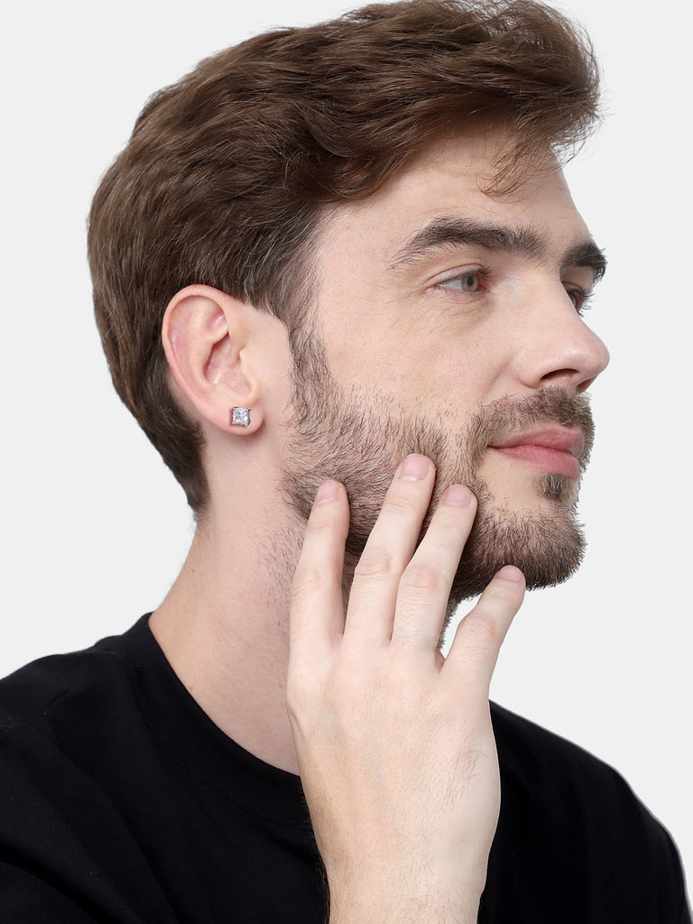 CLARA 925 Sterling Silver Square Solitaire 7 mm Stud Men Earring Gift for Men & Boys 1 Piece