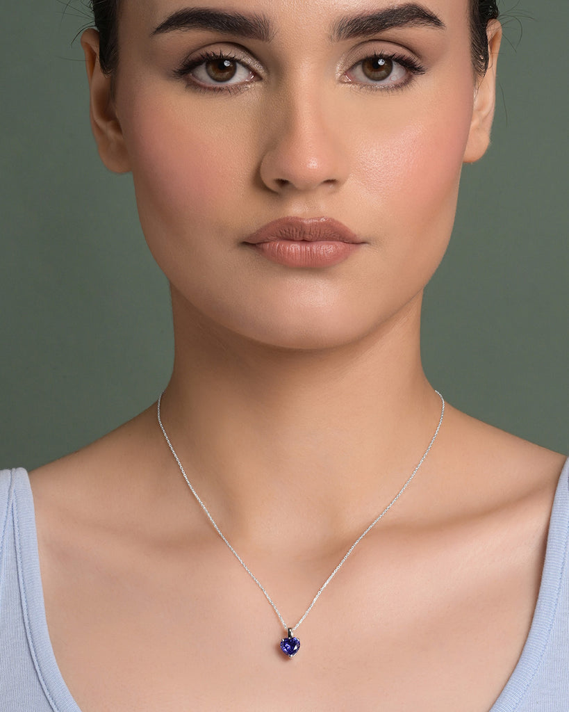 Silver Royal Blue Solitaire Heart Pendant Chain Necklace