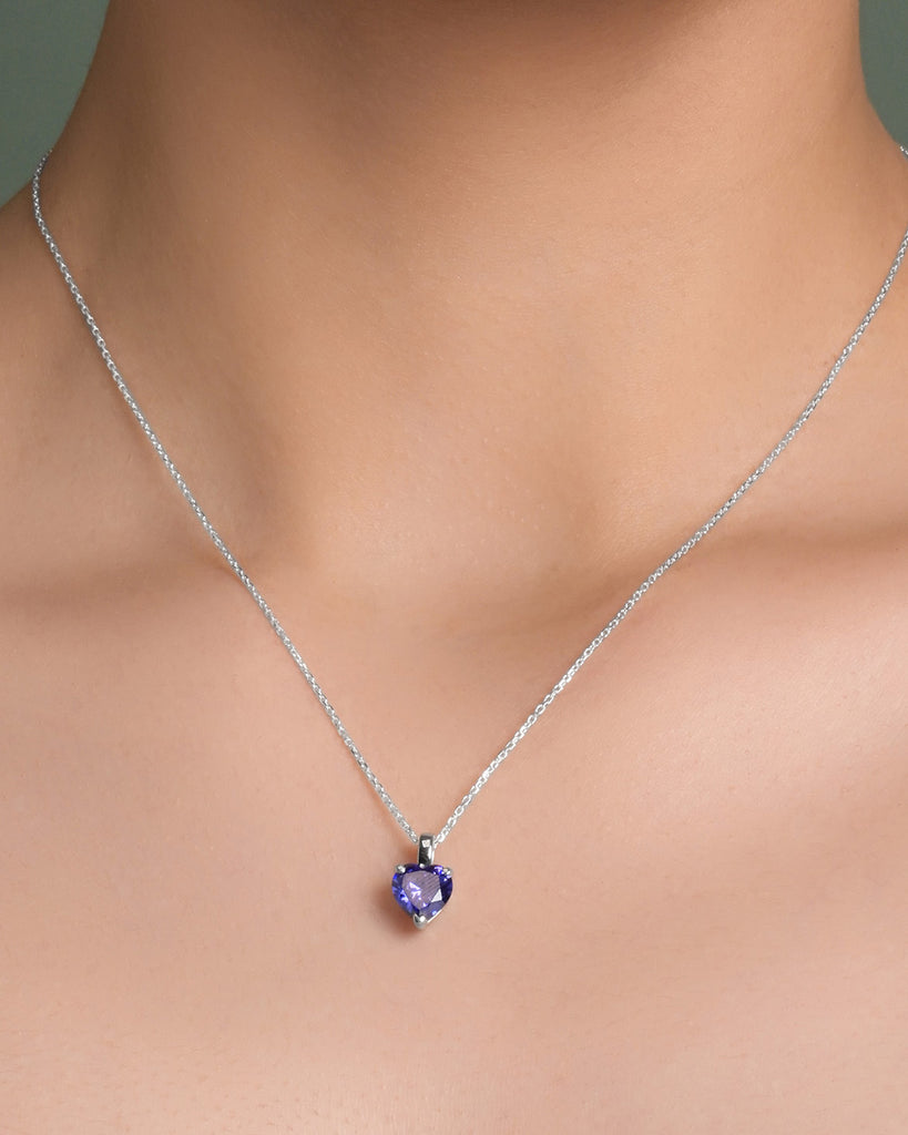 Silver Royal Blue Solitaire Heart Pendant Chain Necklace