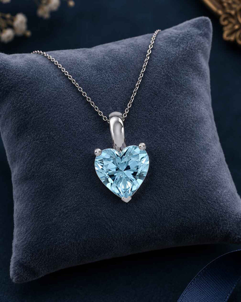 Silver Sky Blue Solitaire Heart Pendant Chain Necklace