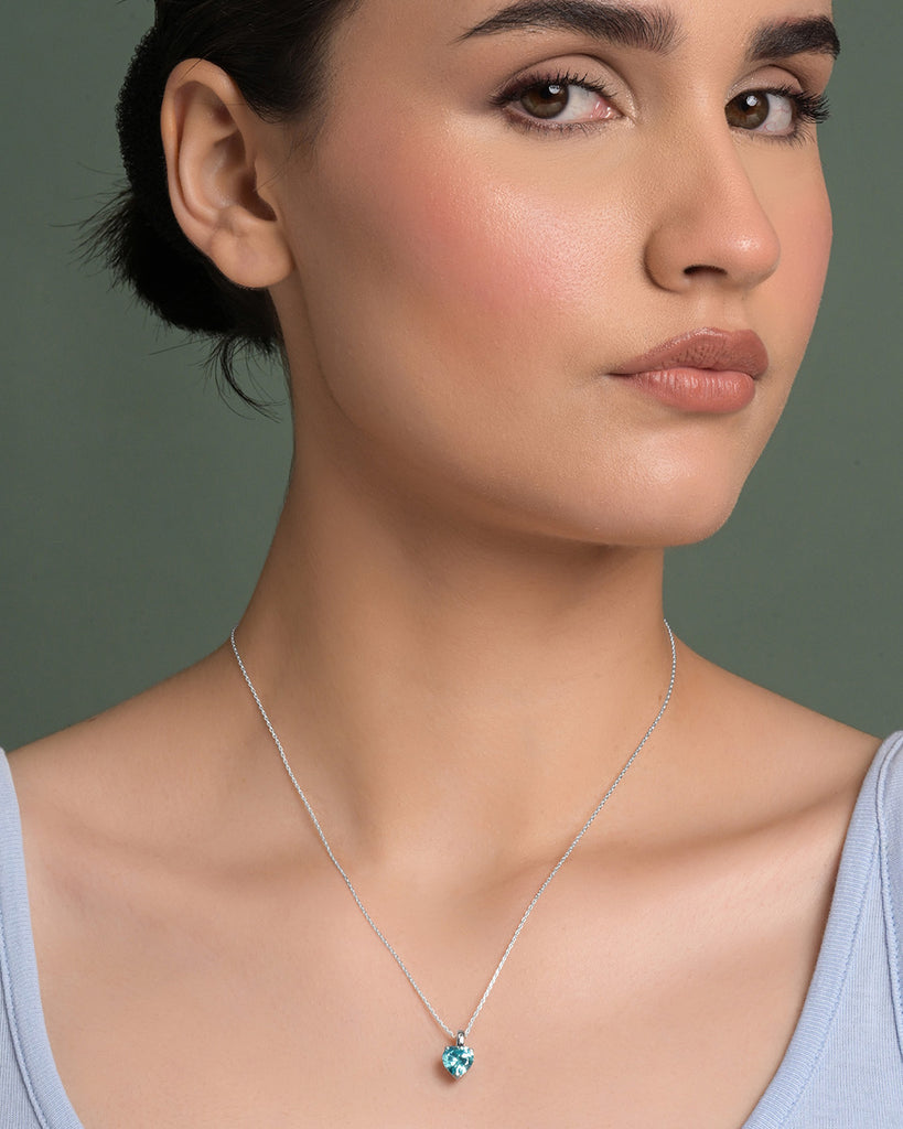 Silver Sky Blue Solitaire Heart Pendant Chain Necklace