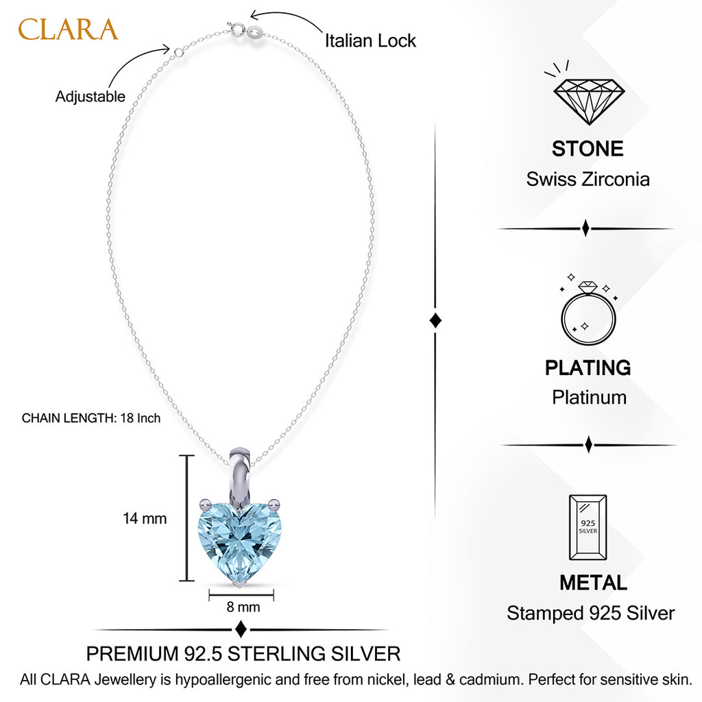 Silver Sky Blue Solitaire Heart Pendant Chain Necklace