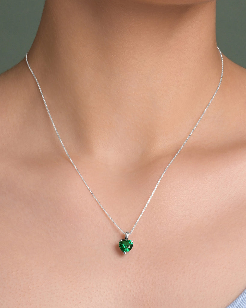 Silver Green Solitaire Heart Pendant Chain Necklace