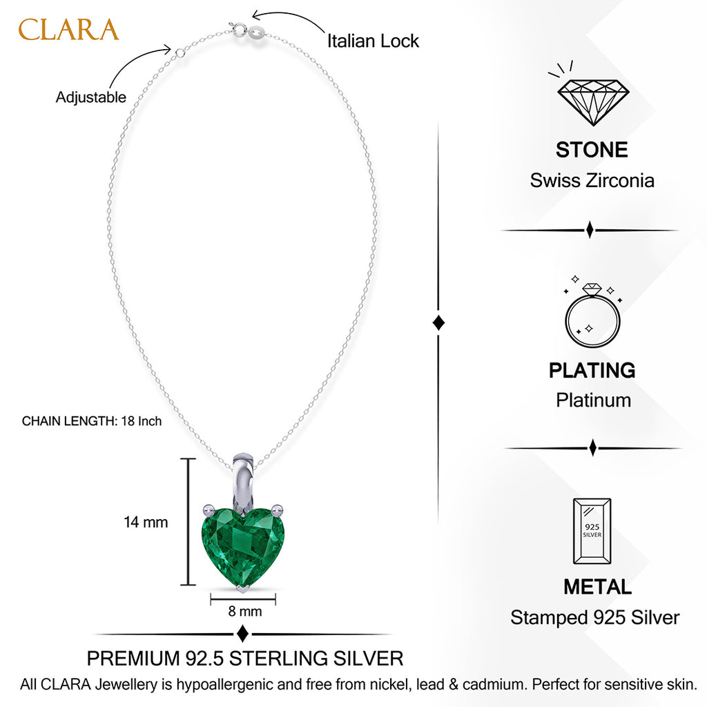 Silver Green Solitaire Heart Pendant Chain Necklace