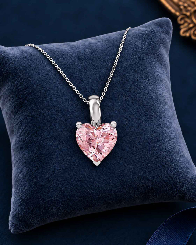 Silver Pink Solitaire Heart Pendant Chain Necklace