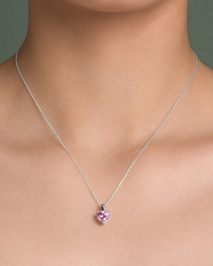 Silver Pink Solitaire Heart Pendant Chain Necklace