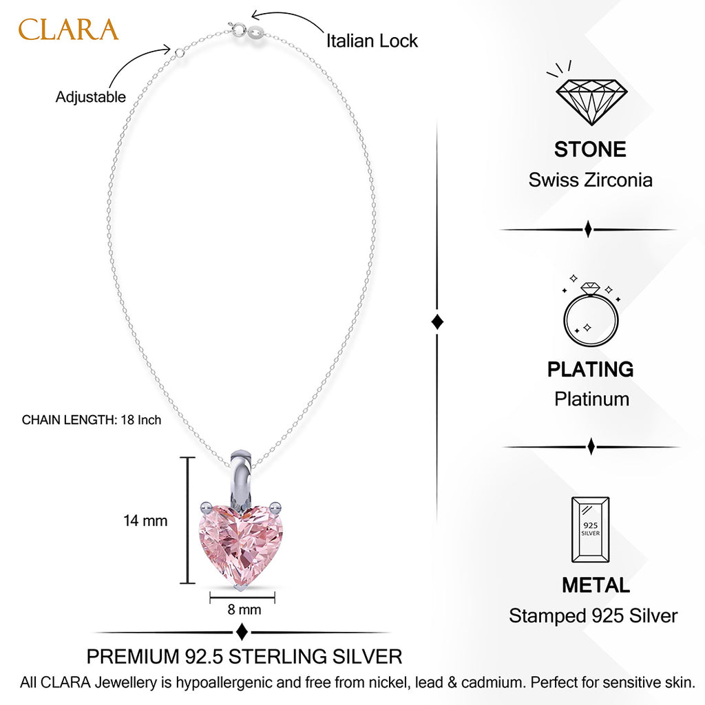 Silver Pink Solitaire Heart Pendant Chain Necklace
