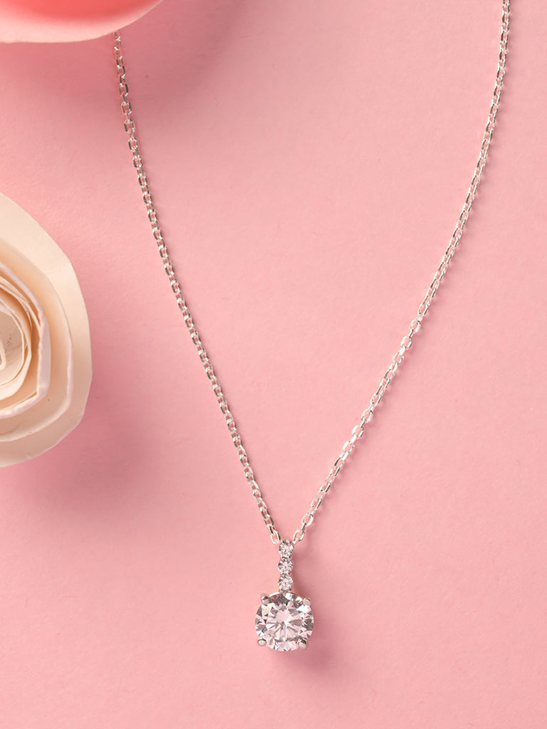 Silver Round Brilliant Solitaire Pendant Chain Necklace