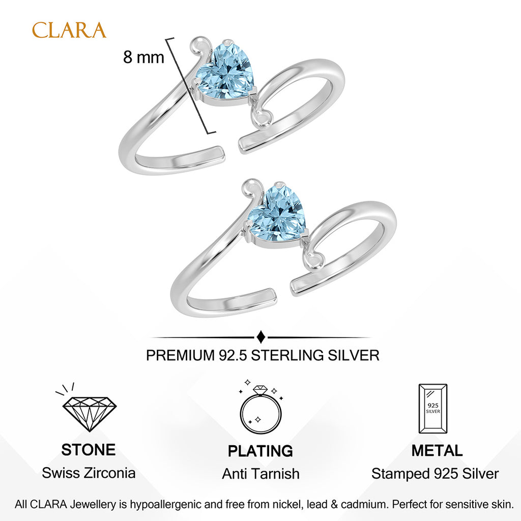 Silver Azurielle Blue Heart Toe Rings Pair