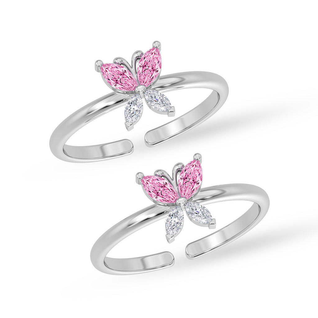 Silver Pink Butterfly Toe Rings Pair