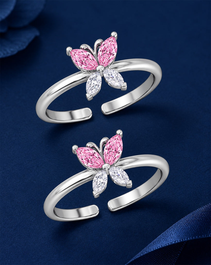 Silver Pink Butterfly Toe Rings Pair