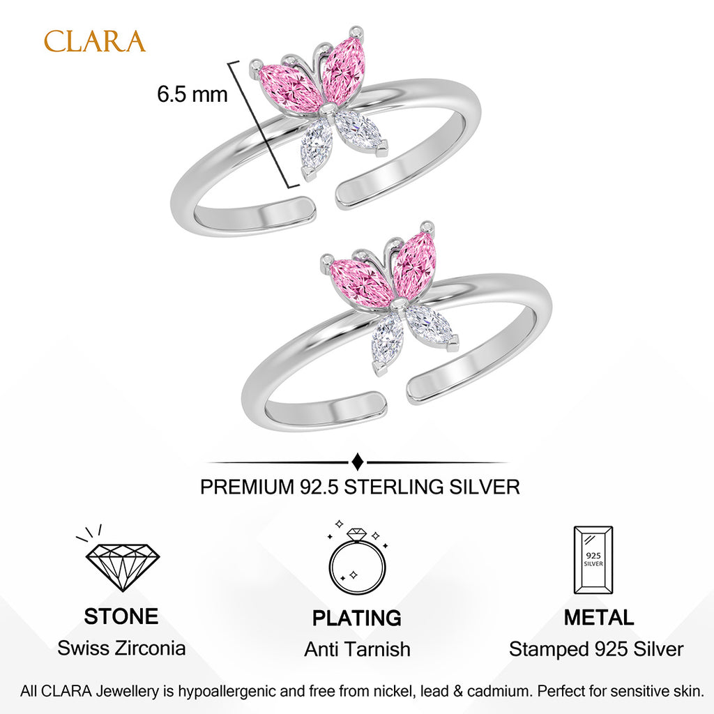 Silver Pink Butterfly Toe Rings Pair
