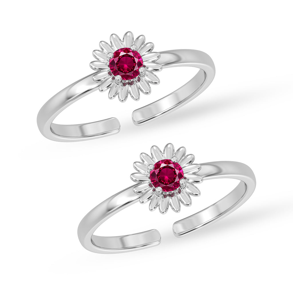 Silver Zinnara Red Floral Toe Rings Pair